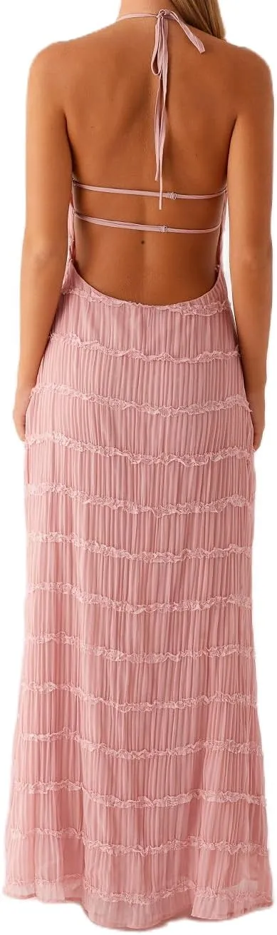 Women Backless Maxi Beach Dress Spaghetti Strap Halter Smocked Long Dress Flowy Vacation Sundress