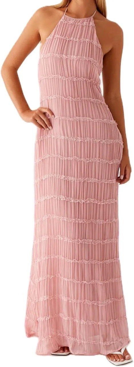Women Backless Maxi Beach Dress Spaghetti Strap Halter Smocked Long Dress Flowy Vacation Sundress