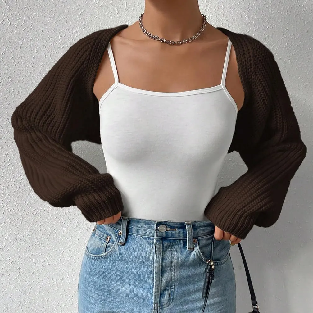 Women Open Front Ribbed Knit Crop Bolero Drop Shoulder Long Sleeve Solid Loose Fit Knitted Crop Cardigan Shrug