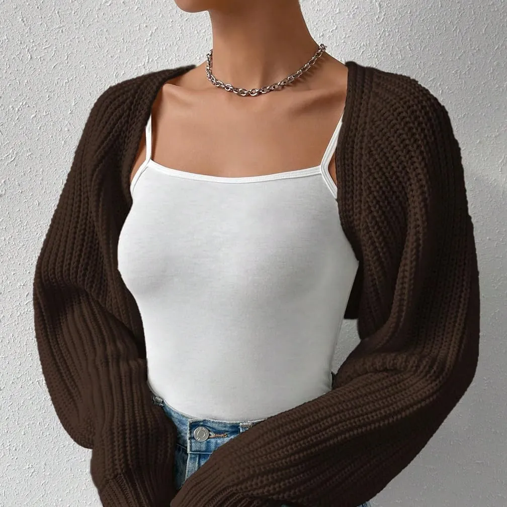 Women Open Front Ribbed Knit Crop Bolero Drop Shoulder Long Sleeve Solid Loose Fit Knitted Crop Cardigan Shrug