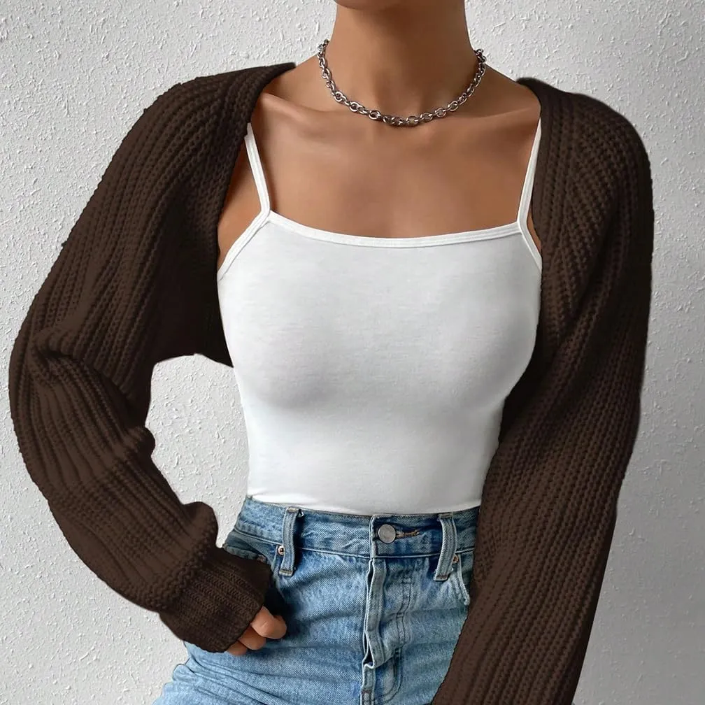 Women Open Front Ribbed Knit Crop Bolero Drop Shoulder Long Sleeve Solid Loose Fit Knitted Crop Cardigan Shrug
