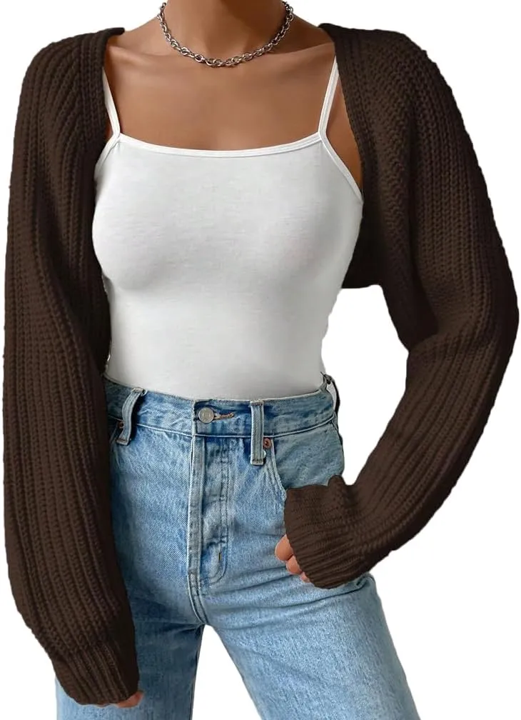 Women Open Front Ribbed Knit Crop Bolero Drop Shoulder Long Sleeve Solid Loose Fit Knitted Crop Cardigan Shrug