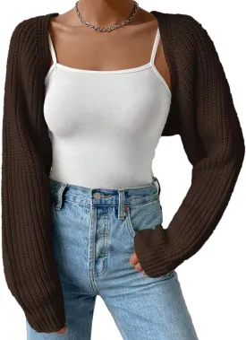 Women Open Front Ribbed Knit Crop Bolero Drop Shoulder Long Sleeve Solid Loose Fit Knitted Crop Cardigan Shrug