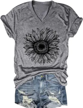 Women V Neck Sunflower Graphic Shirt Cute Dandelion Teen Girls Tee Tops Short Sleeve Cowgirls Casual T Shirts