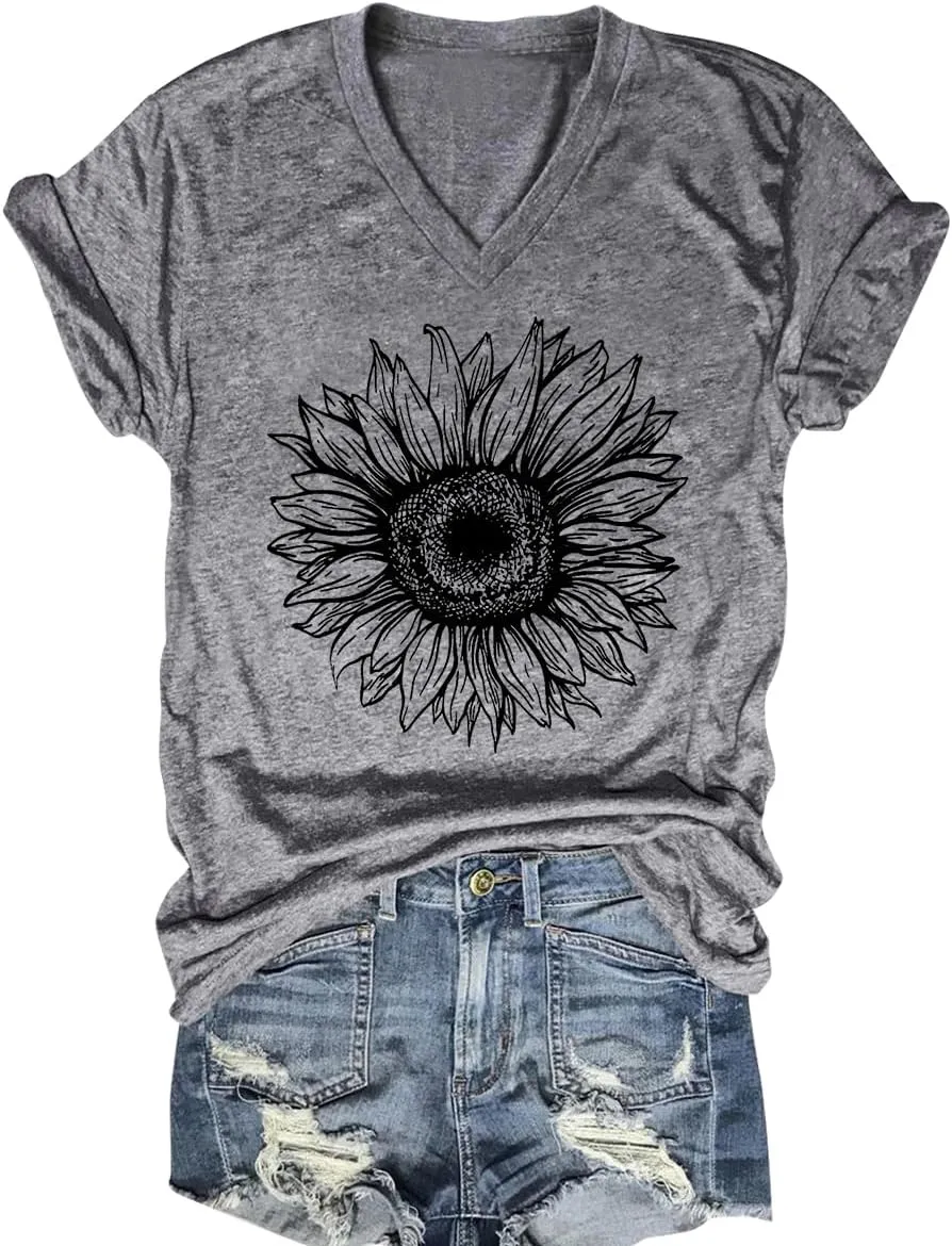 Women V Neck Sunflower Graphic Shirt Cute Dandelion Teen Girls Tee Tops Short Sleeve Cowgirls Casual T Shirts