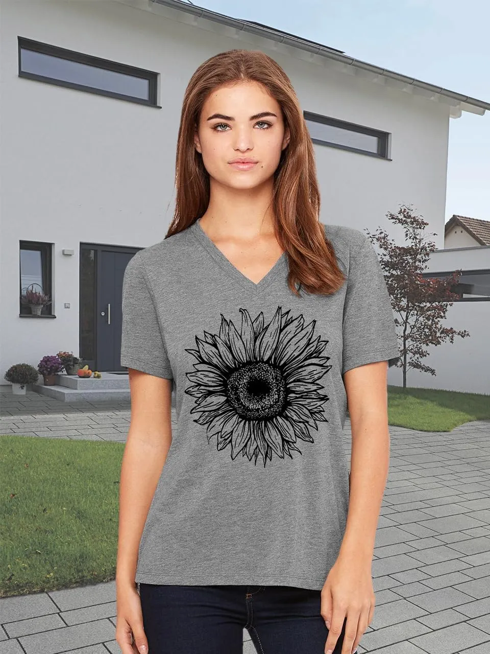 Women V Neck Sunflower Graphic Shirt Cute Dandelion Teen Girls Tee Tops Short Sleeve Cowgirls Casual T Shirts
