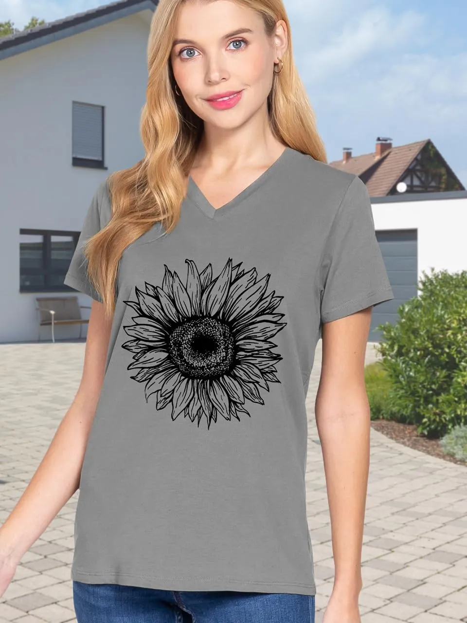 Women V Neck Sunflower Graphic Shirt Cute Dandelion Teen Girls Tee Tops Short Sleeve Cowgirls Casual T Shirts