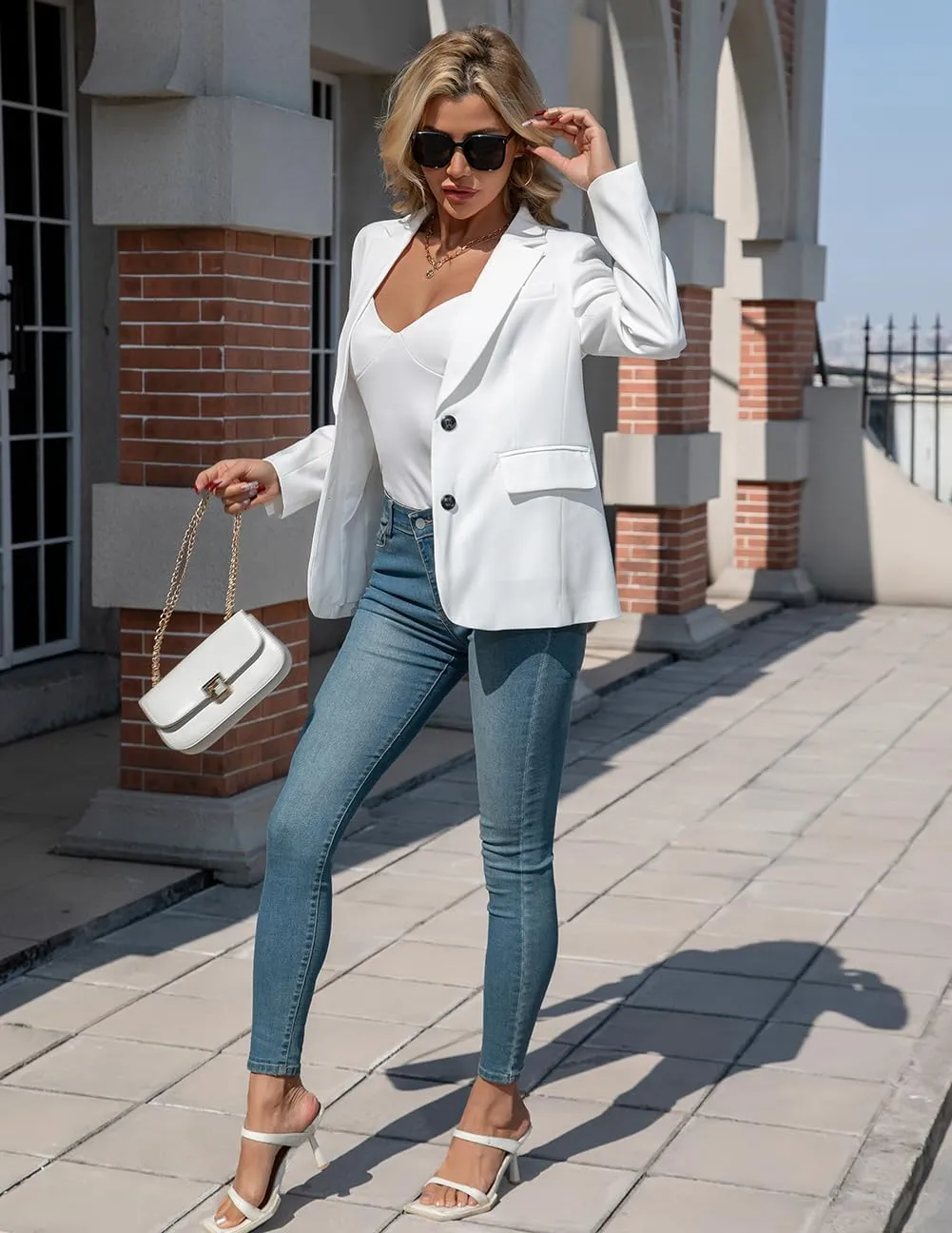 Women's Blazers Business Casual Padded Shoulder Blazer - Long Sleeve Slim Fit Work Office Suit Jackets with Pockets