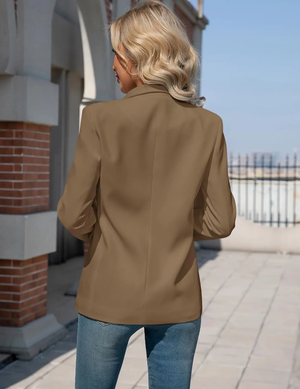 Women's Blazers Business Casual Padded Shoulder Blazer - Long Sleeve Slim Fit Work Office Suit Jackets with Pockets