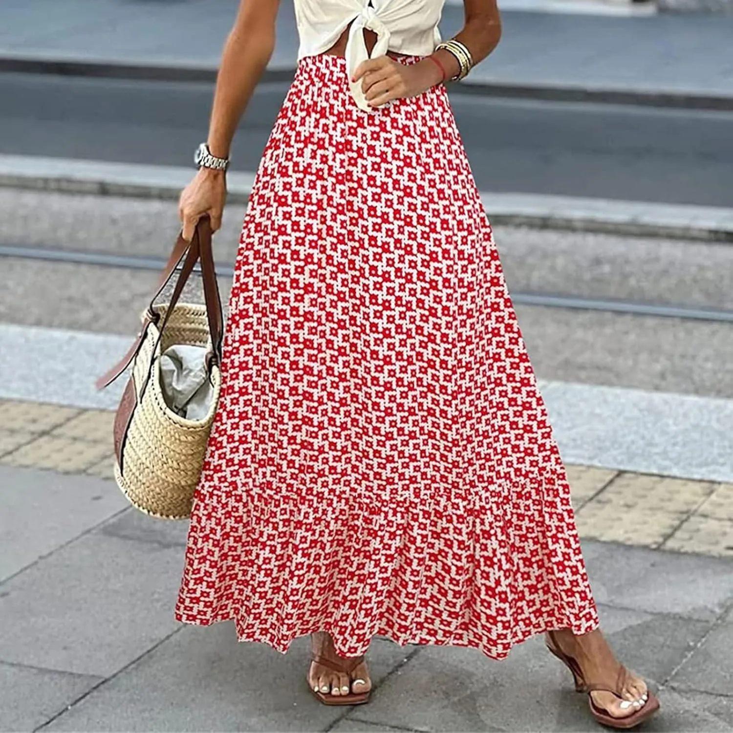Womens Boho Maxi Skirts Summer Trendy Elastic High Waisted A Line Skort Casual Flowy Floral Ruffle Hem Beach Skirts