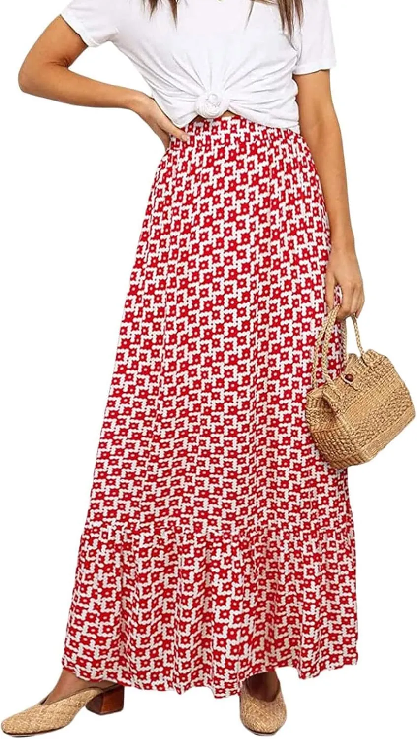 Womens Boho Maxi Skirts Summer Trendy Elastic High Waisted A Line Skort Casual Flowy Floral Ruffle Hem Beach Skirts