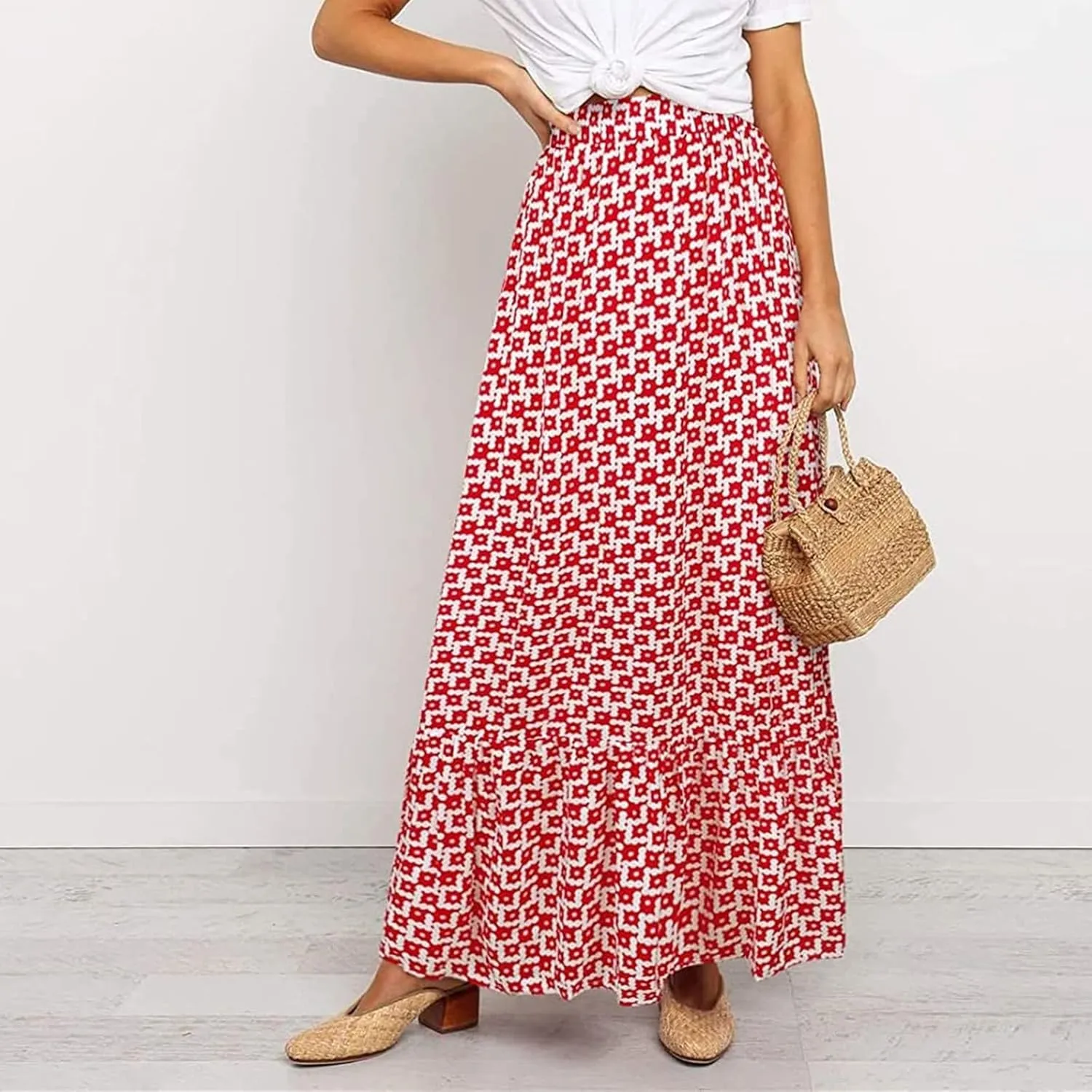 Womens Boho Maxi Skirts Summer Trendy Elastic High Waisted A Line Skort Casual Flowy Floral Ruffle Hem Beach Skirts