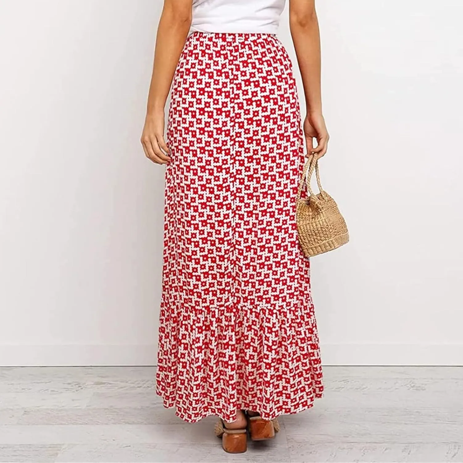 Womens Boho Maxi Skirts Summer Trendy Elastic High Waisted A Line Skort Casual Flowy Floral Ruffle Hem Beach Skirts