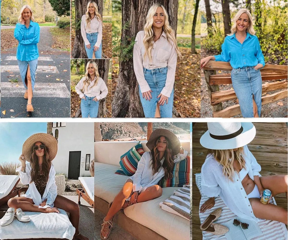 Womens Button Down Shirts Cotton Dress Shirt Long Sleeve Oversized Boyfriend Solid Tunic Tops with Pockets
