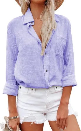 Womens Button Down Shirts Cotton Dress Shirt Long Sleeve Oversized Boyfriend Solid Tunic Tops with Pockets