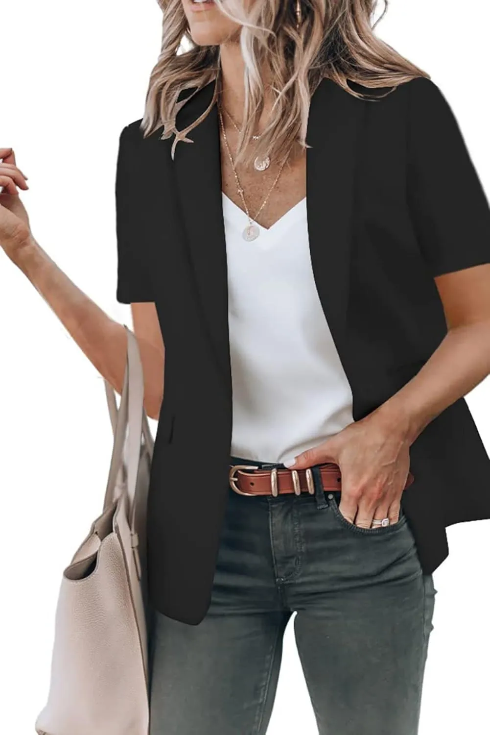 Women's Casual Blazer Lightweight Dressy Suit Jackets Short Sleeve Open Front Blazers Elegant Work Office Jacket