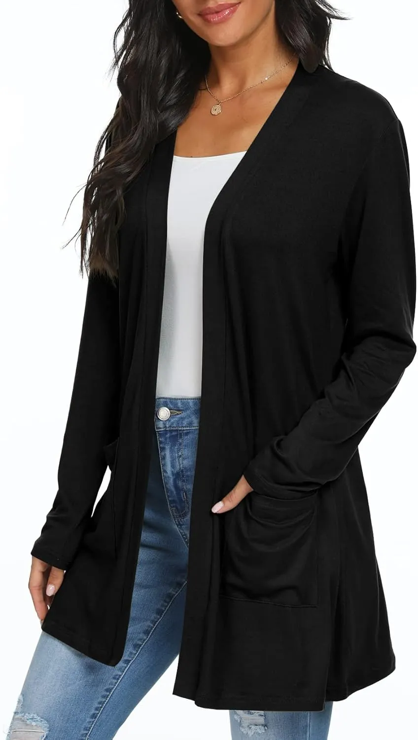 Womens Casual Lightweight with Pocketes Long Sleeve Open Front Cardigan
