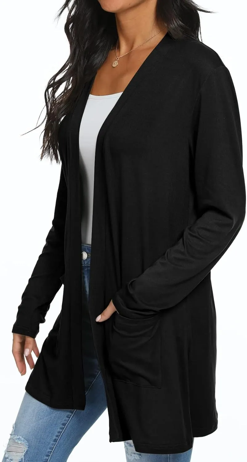 Womens Casual Lightweight with Pocketes Long Sleeve Open Front Cardigan