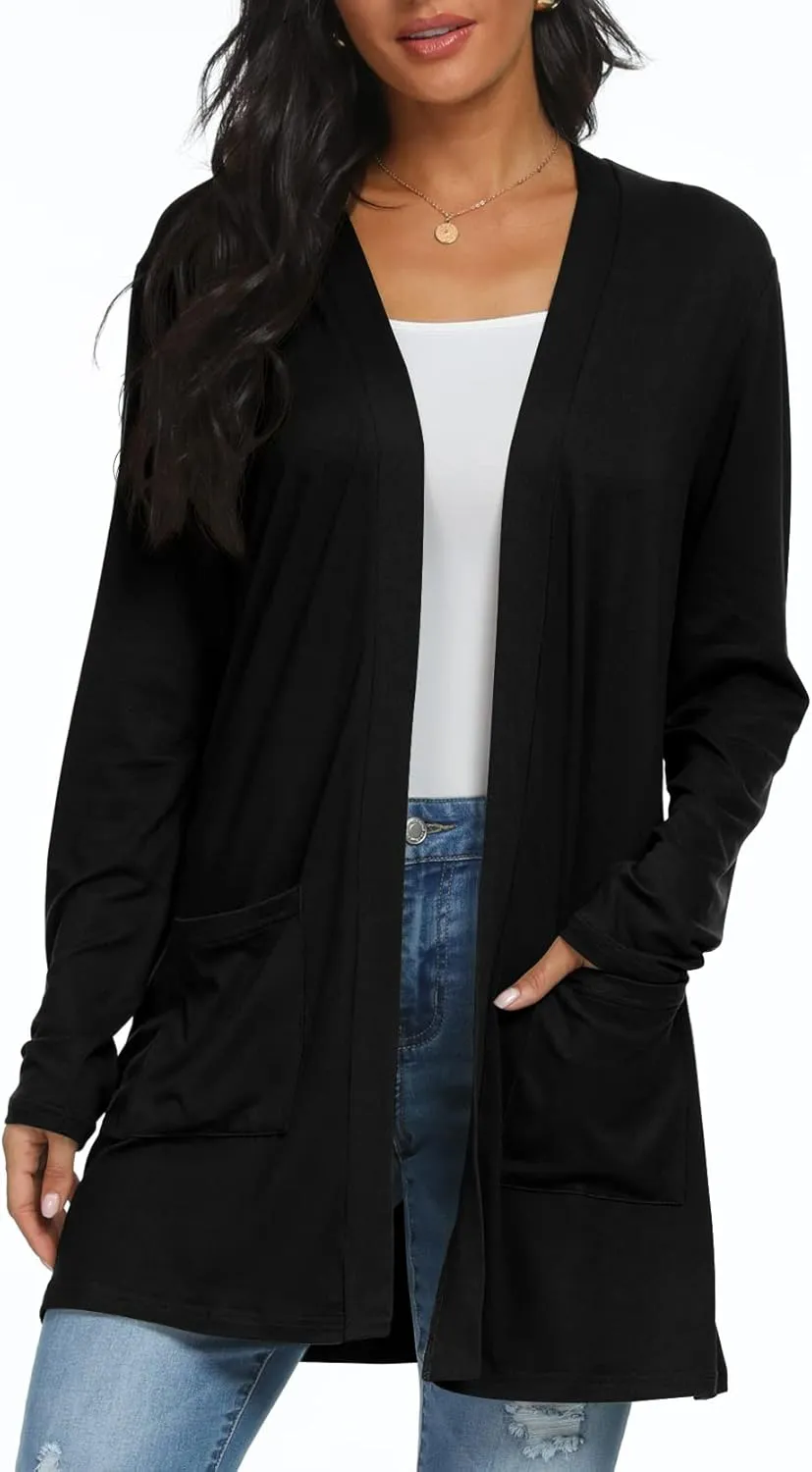 Womens Casual Lightweight with Pocketes Long Sleeve Open Front Cardigan