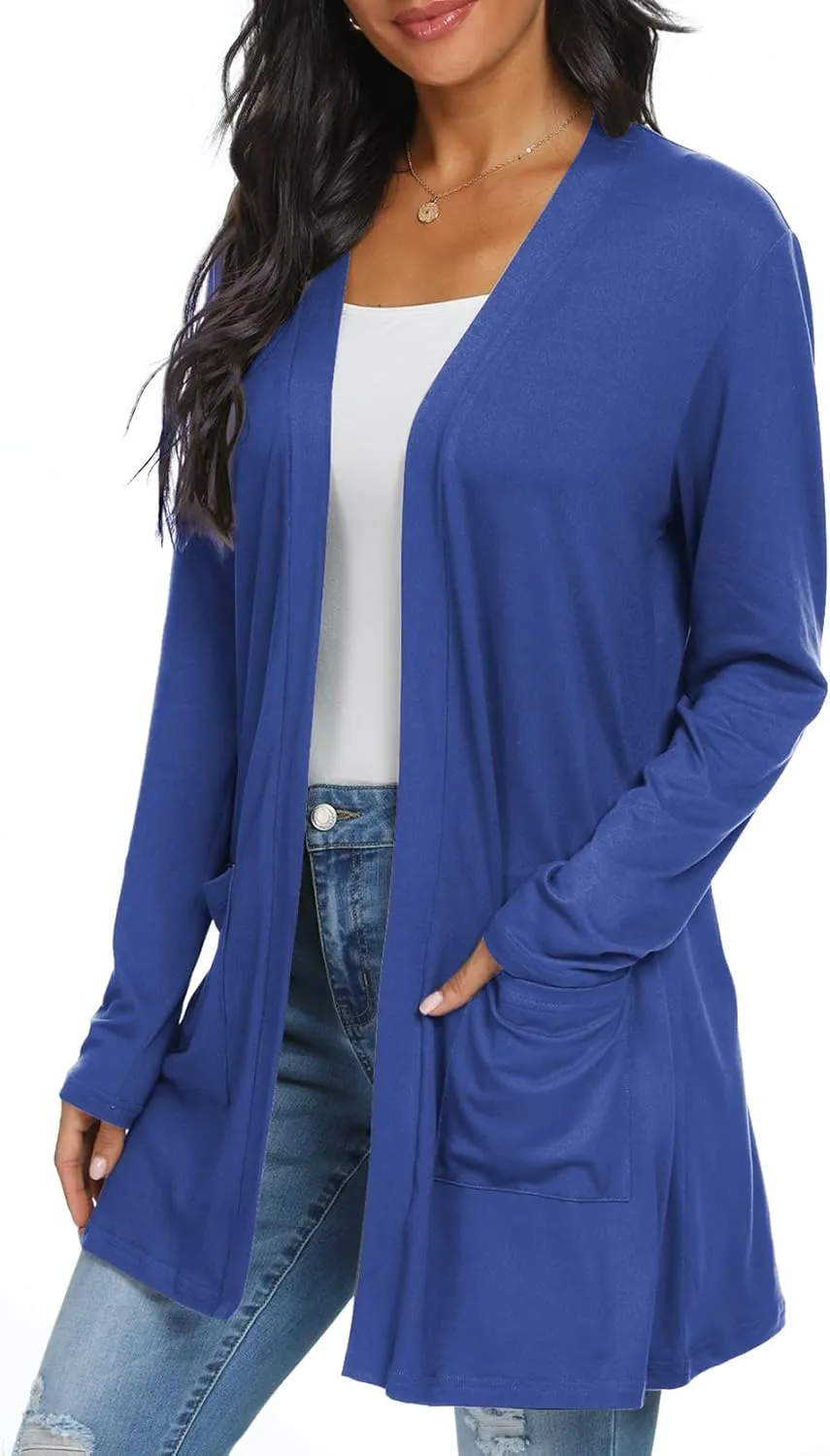 Womens Casual Lightweight with Pocketes Long Sleeve Open Front Cardigan