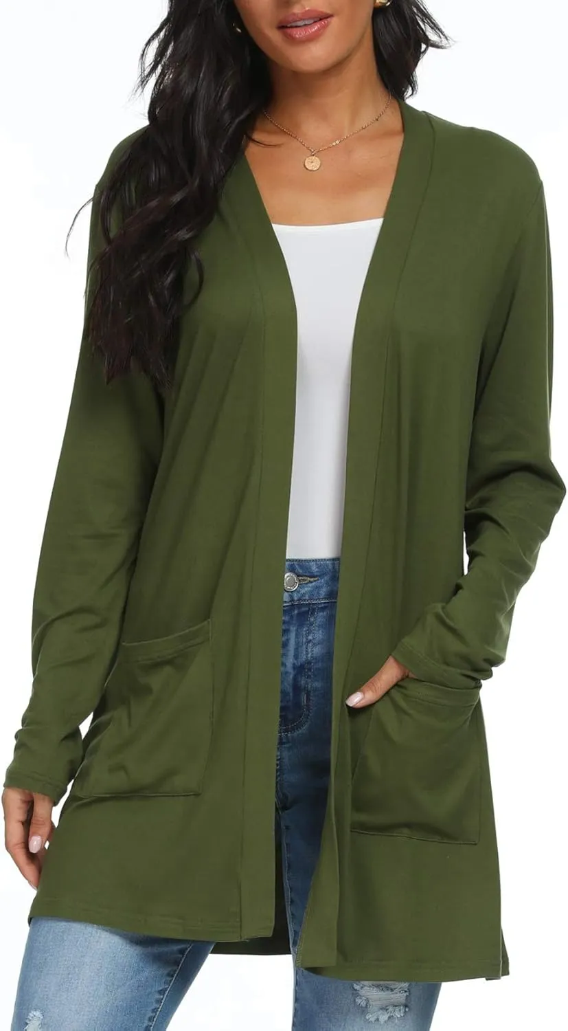 Womens Casual Lightweight with Pocketes Long Sleeve Open Front Cardigan