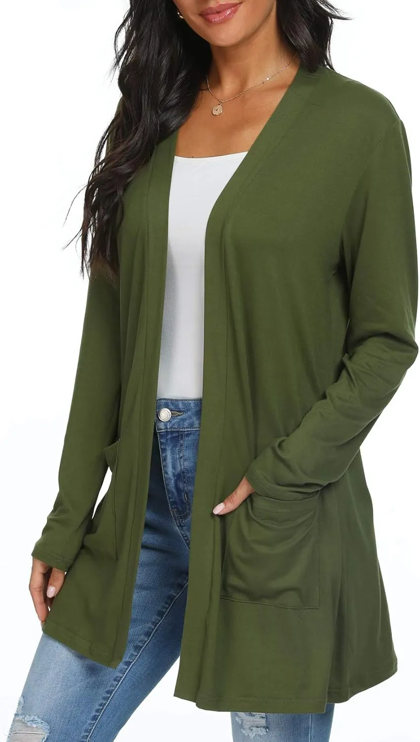 Womens Casual Lightweight with Pocketes Long Sleeve Open Front Cardigan
