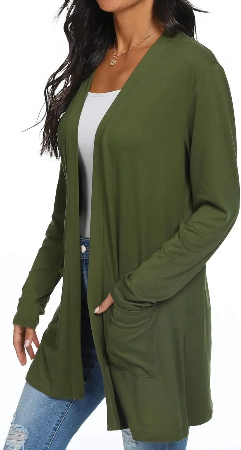 Womens Casual Lightweight with Pocketes Long Sleeve Open Front Cardigan