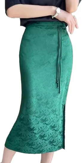 Women's Chinese Style Silk Satin Pencil Skirt,High Waist Vintage Split Midi Skirt for Summer