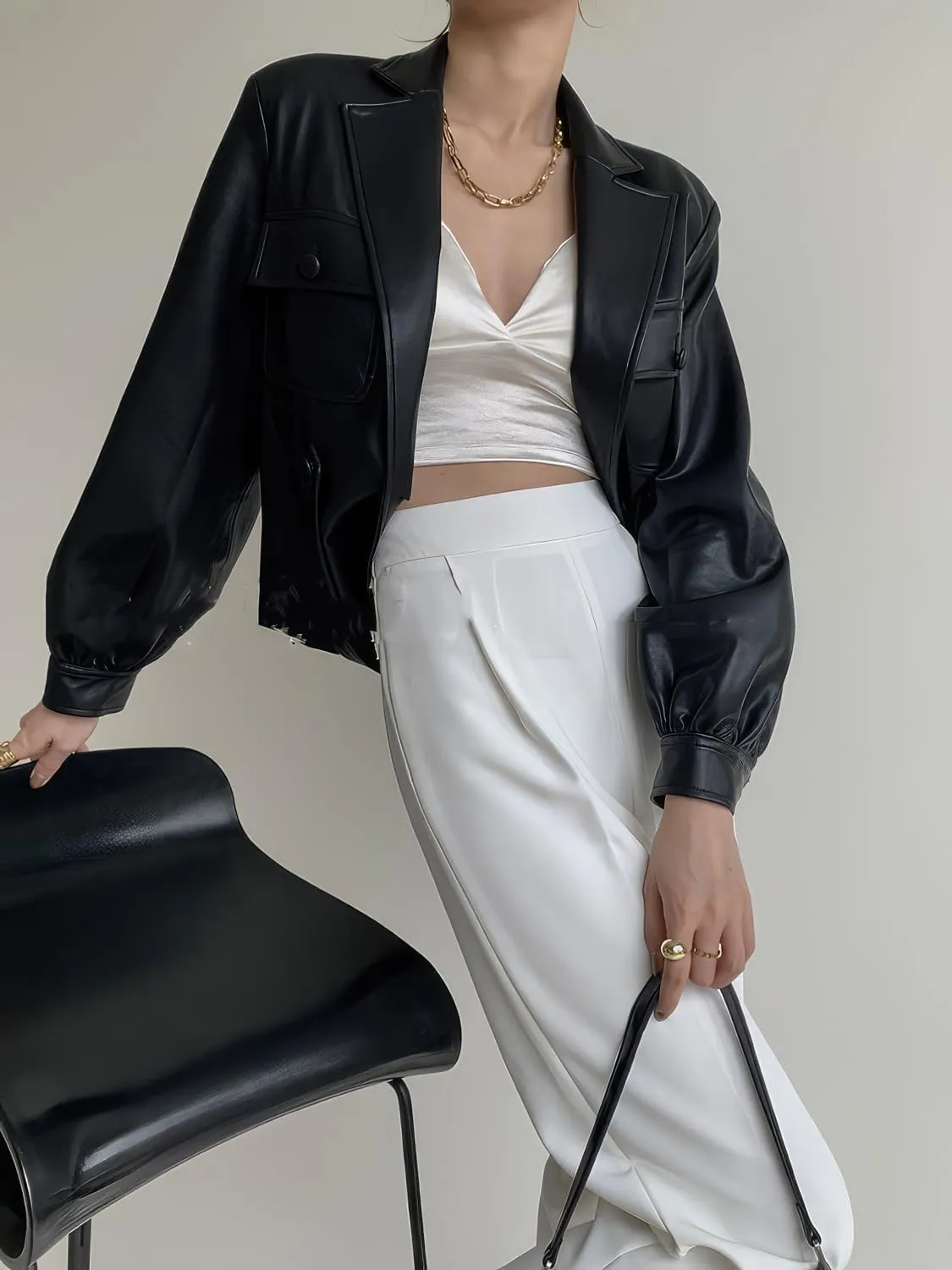 Women's Genuine Lambskin Leather Blazer With Lapel Collar