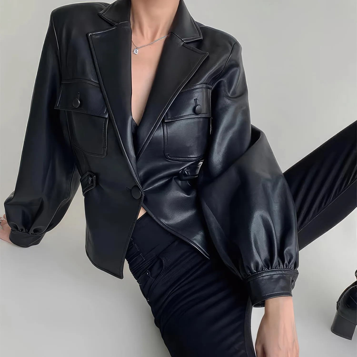 Women's Genuine Lambskin Leather Blazer With Lapel Collar