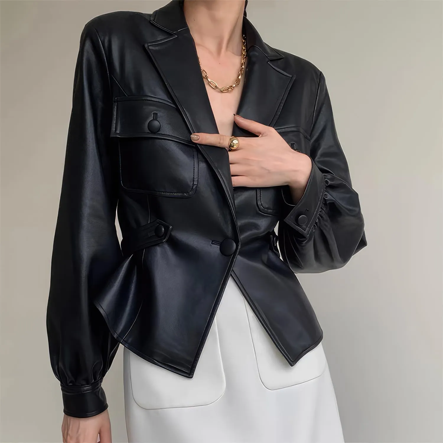 Women's Genuine Lambskin Leather Blazer With Lapel Collar
