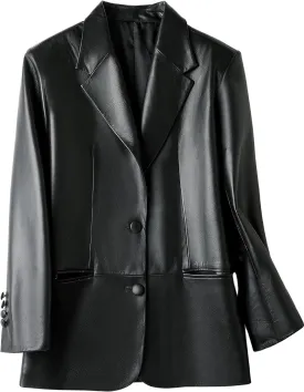 Women's Genuine Lambskin Leather Blazer With Lapel Collar