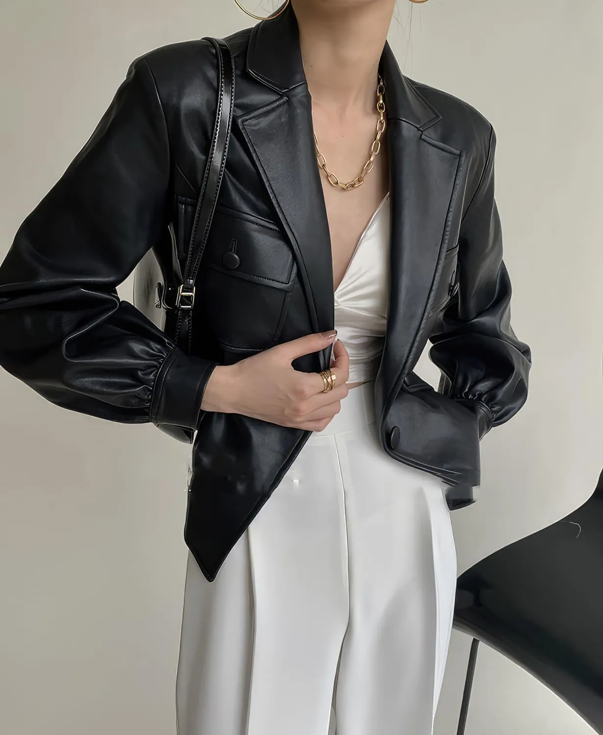 Women's Genuine Lambskin Leather Blazer With Lapel Collar