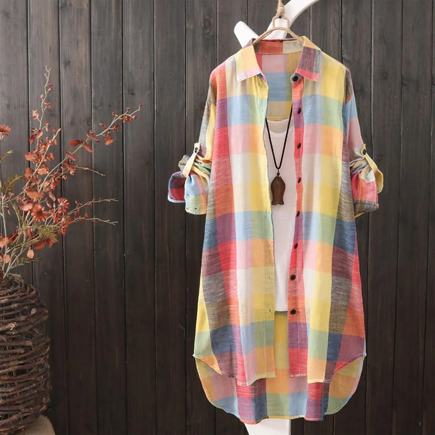 Womens Oversized Button Down Plaid Shacket Shirt Roll Up Long Sleeve Casual Boyfriend Tunic Blouse Top 2024 Fall