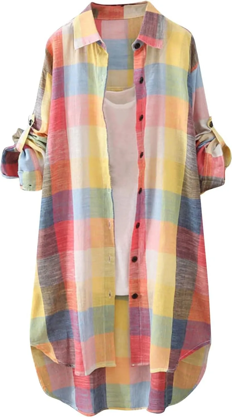 Womens Oversized Button Down Plaid Shacket Shirt Roll Up Long Sleeve Casual Boyfriend Tunic Blouse Top 2024 Fall