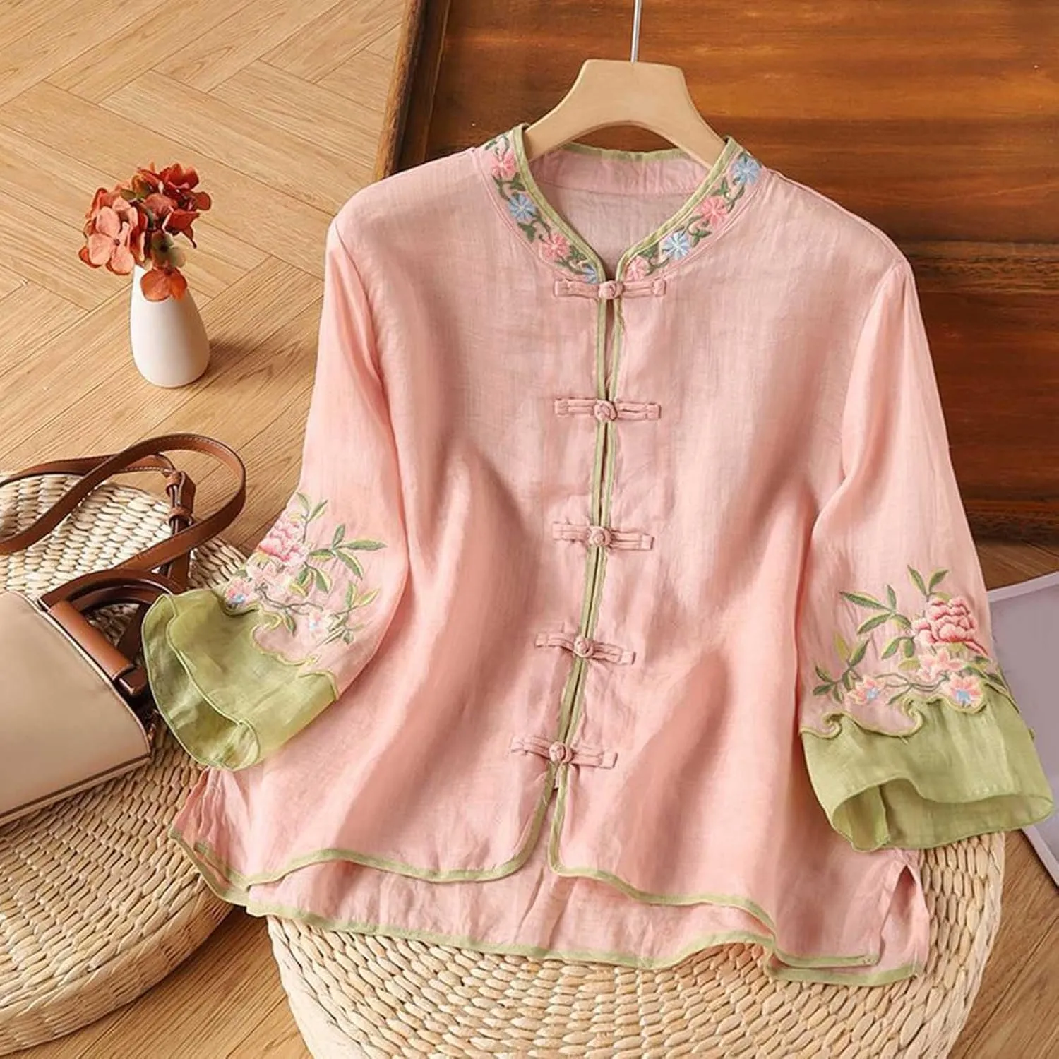 Womens Peasant Tops 3/4 Sleeve Cotton Linen Blouses Summer Fashion Retro Chinese Frog Button Floral Embroidered Shirts