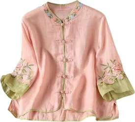 Womens Peasant Tops 3/4 Sleeve Cotton Linen Blouses Summer Fashion Retro Chinese Frog Button Floral Embroidered Shirts