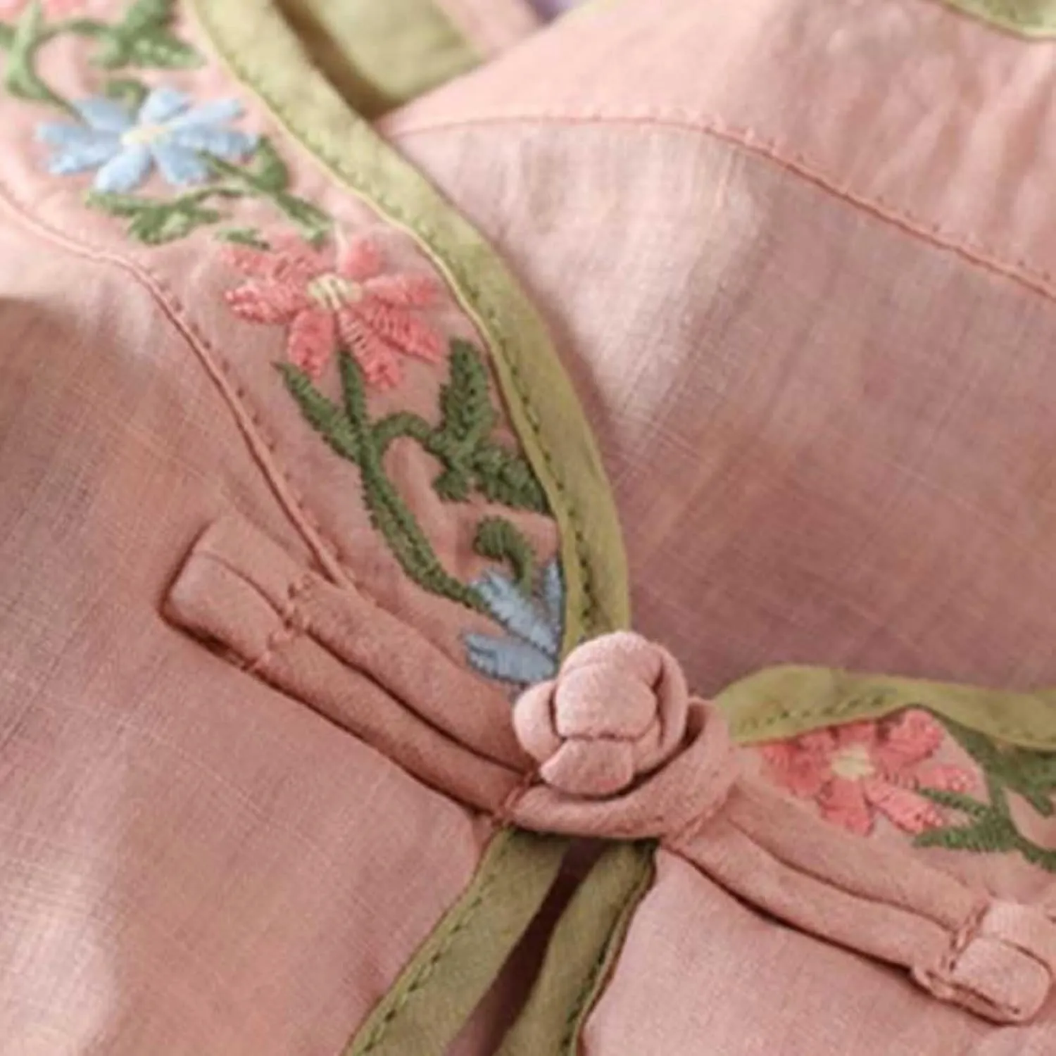 Womens Peasant Tops 3/4 Sleeve Cotton Linen Blouses Summer Fashion Retro Chinese Frog Button Floral Embroidered Shirts