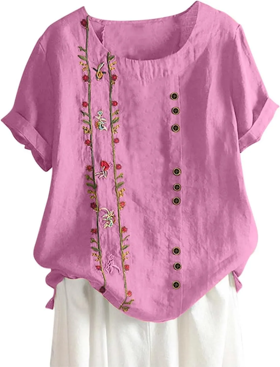 Women's Plus Size Cotton Linen Blouse Short Sleeve Embroidered Floral Print Shirts Casual Round Neck Button Tops Tunic