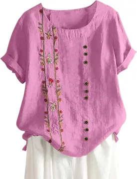 Women's Plus Size Cotton Linen Blouse Short Sleeve Embroidered Floral Print Shirts Casual Round Neck Button Tops Tunic