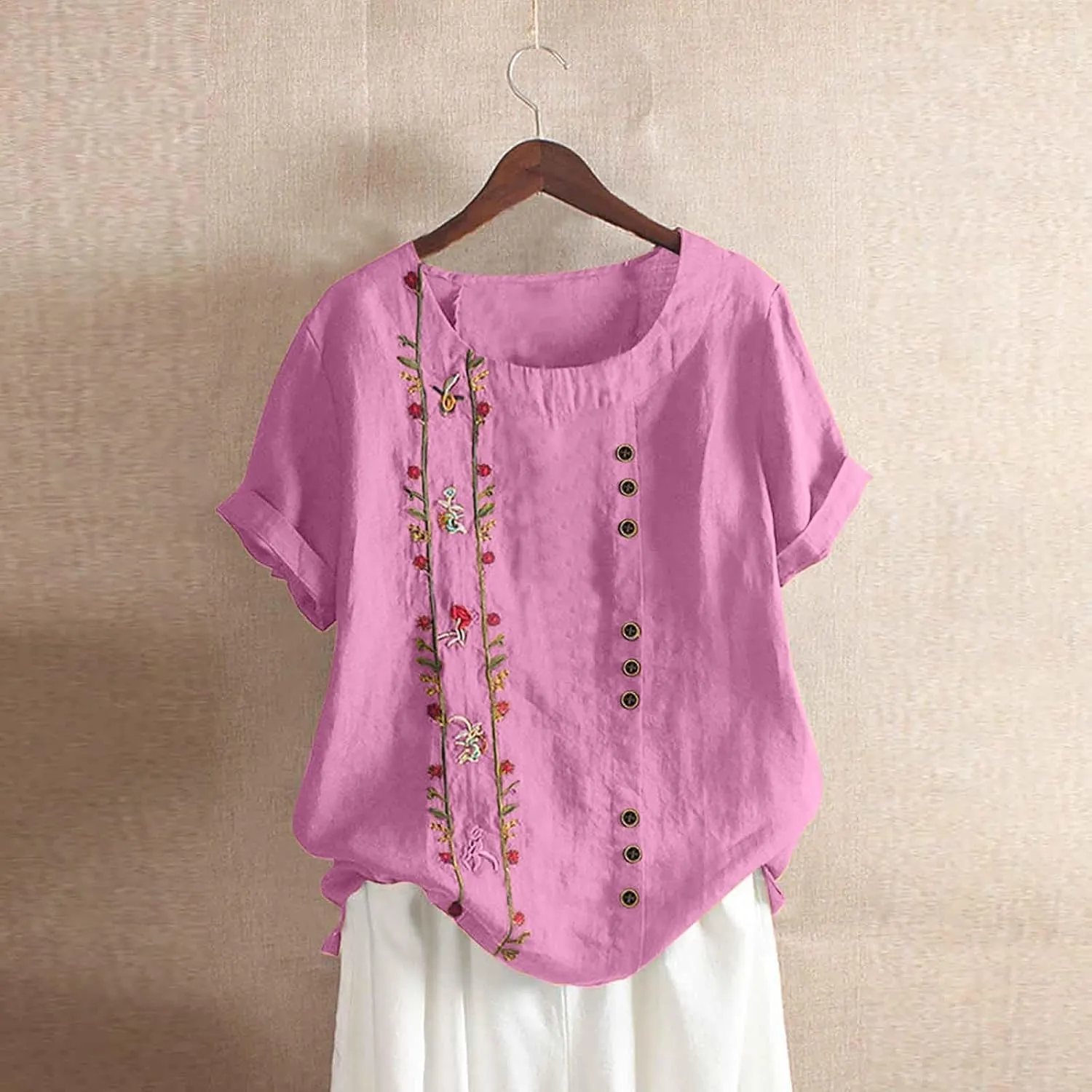 Women's Plus Size Cotton Linen Blouse Short Sleeve Embroidered Floral Print Shirts Casual Round Neck Button Tops Tunic