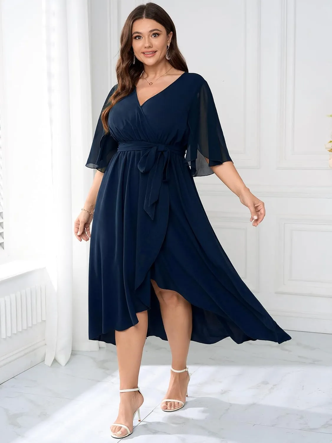 Womens Plus Size Wedding Guest Cocktail Dress Wrap V Neck Flutter Sleeve High Low Hem A-Line Midi Dresses