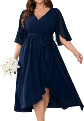 Womens Plus Size Wedding Guest Cocktail Dress Wrap V Neck Flutter Sleeve High Low Hem A-Line Midi Dresses