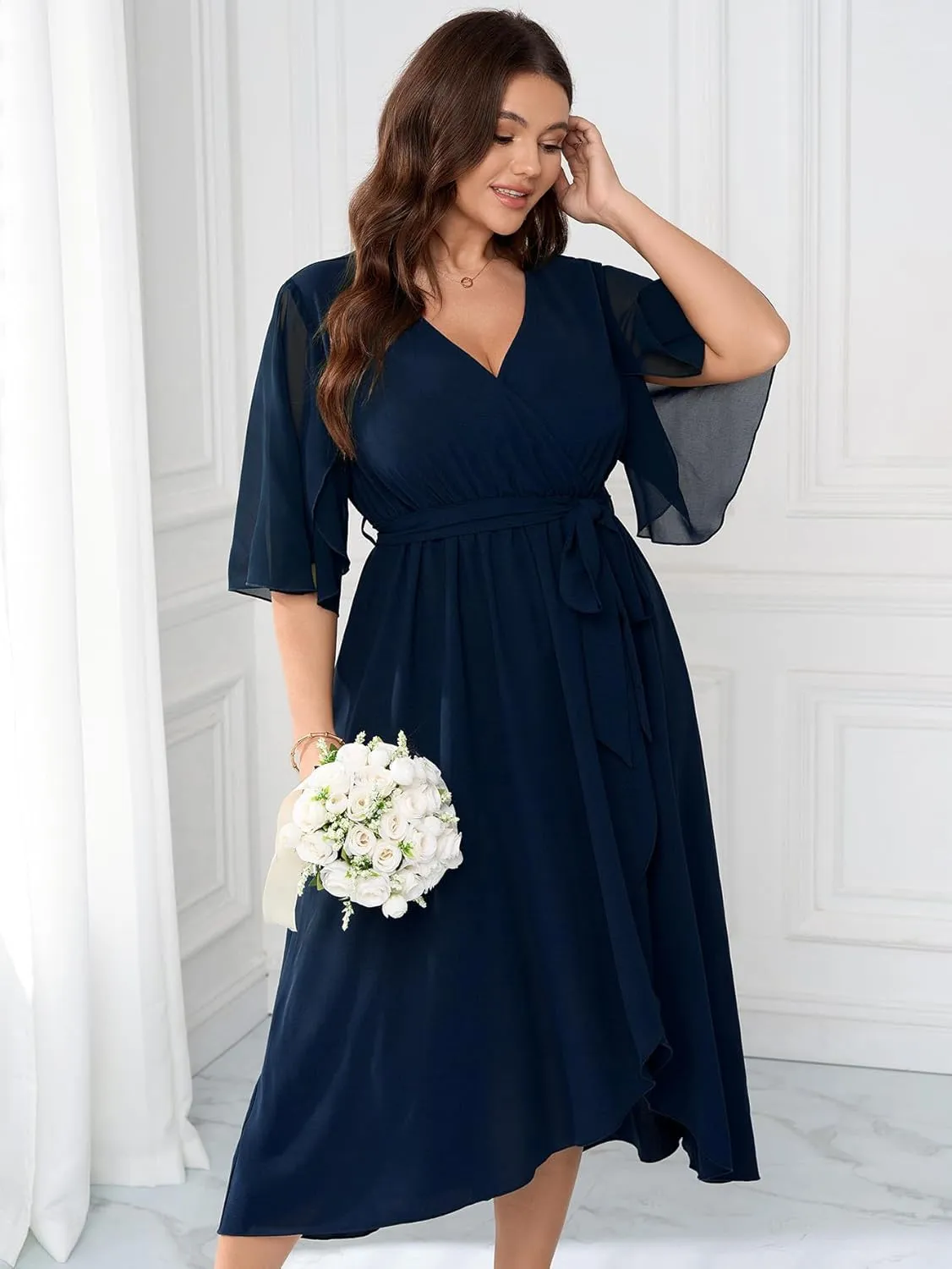 Womens Plus Size Wedding Guest Cocktail Dress Wrap V Neck Flutter Sleeve High Low Hem A-Line Midi Dresses