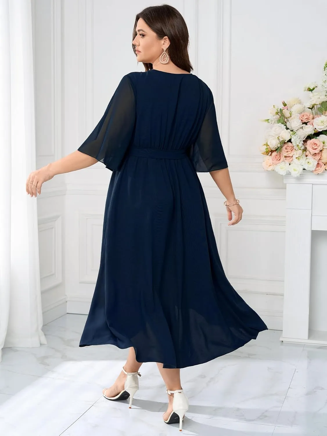 Womens Plus Size Wedding Guest Cocktail Dress Wrap V Neck Flutter Sleeve High Low Hem A-Line Midi Dresses