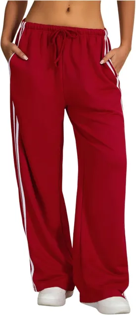 Women's Side Striped Pant Baggy Wide Leg Sweatpants Drawstring Low Waisted Slit Track Pants Streetwear Joggers