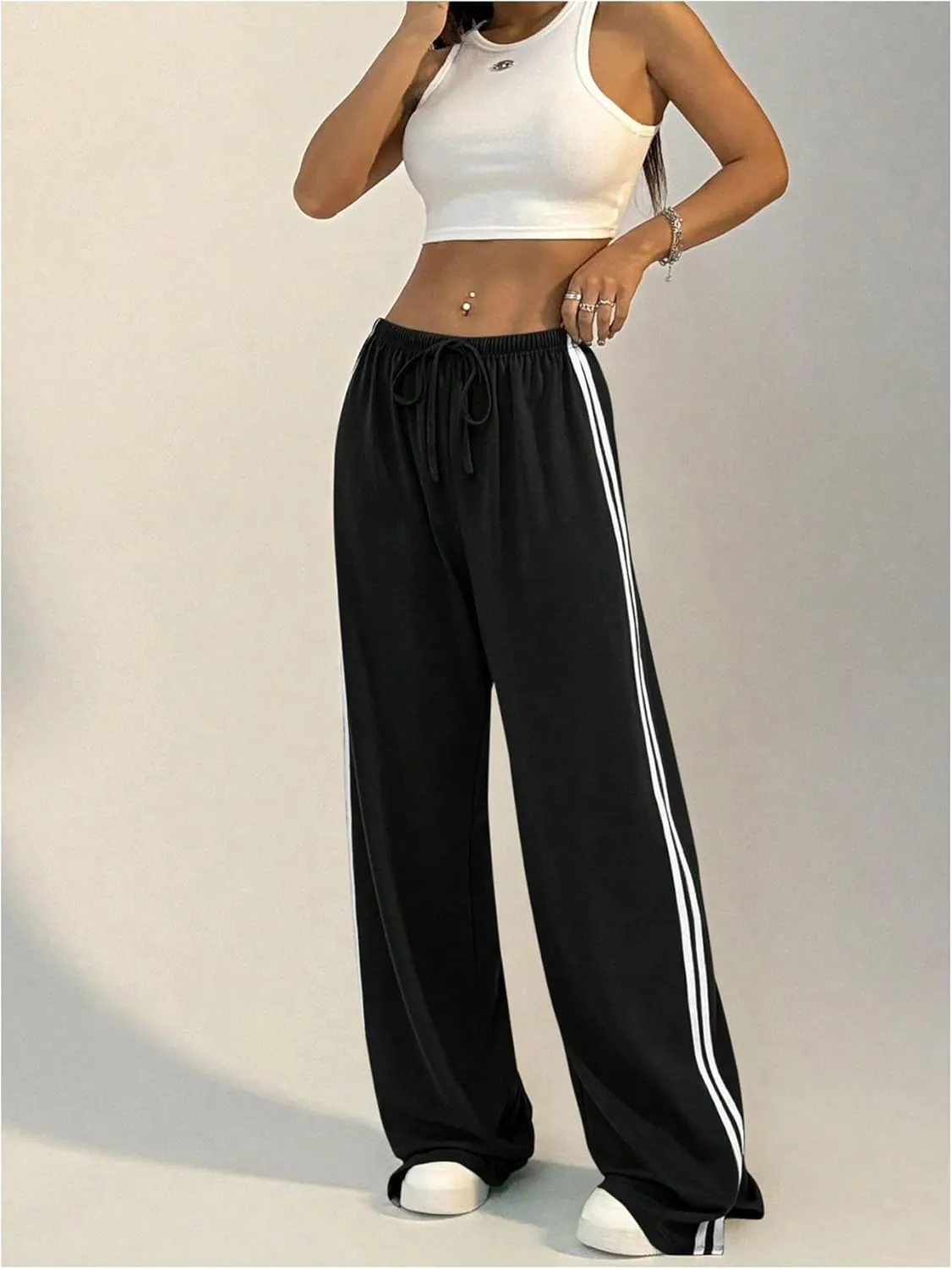 Women's Side Striped Pant Baggy Wide Leg Sweatpants Drawstring Low Waisted Slit Track Pants Streetwear Joggers