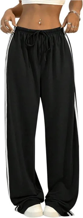 Women's Side Striped Pant Baggy Wide Leg Sweatpants Drawstring Low Waisted Slit Track Pants Streetwear Joggers