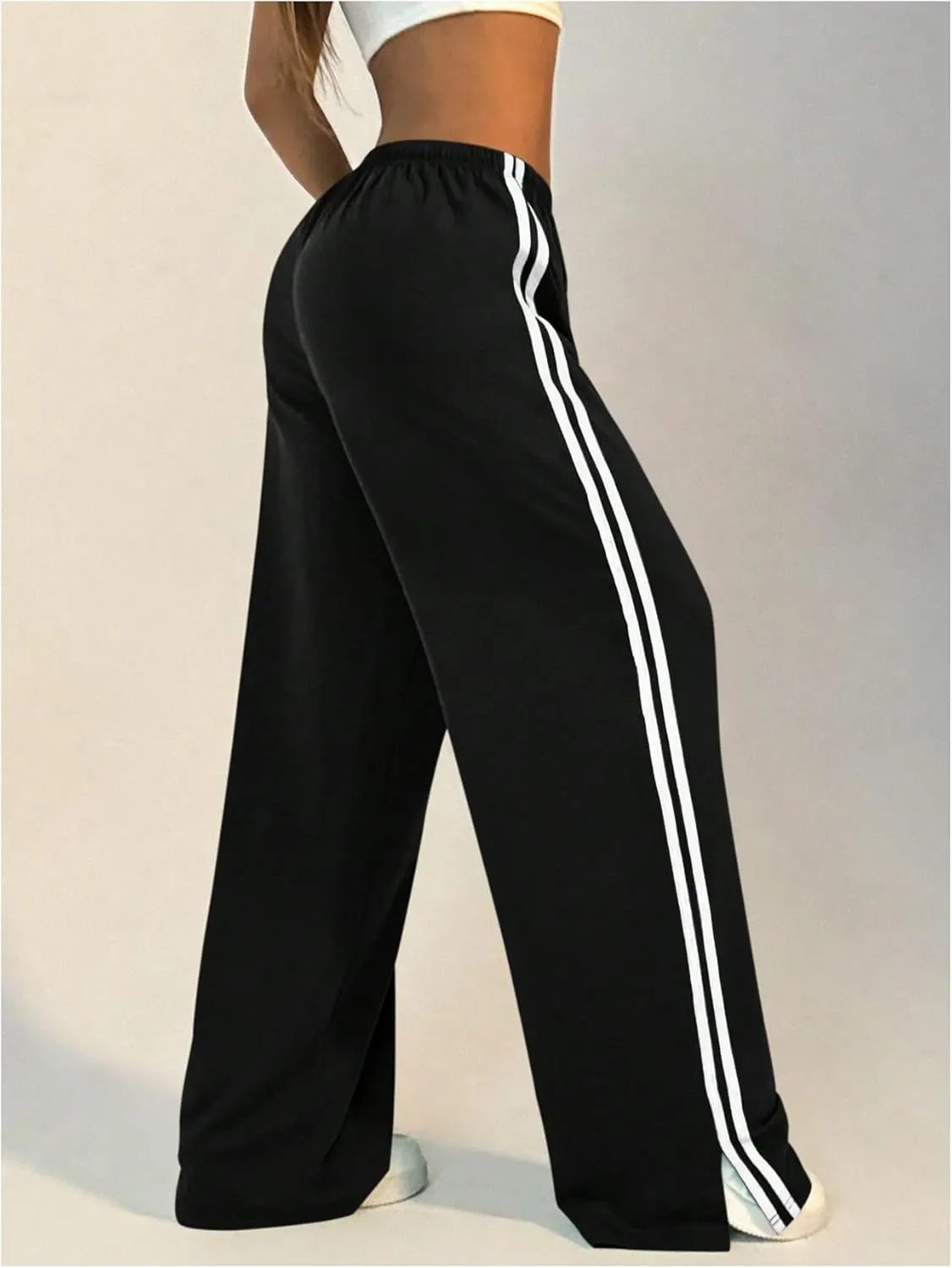 Women's Side Striped Pant Baggy Wide Leg Sweatpants Drawstring Low Waisted Slit Track Pants Streetwear Joggers