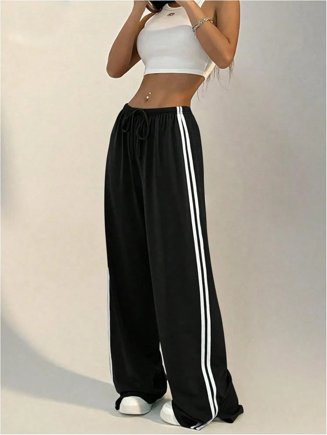 Women's Side Striped Pant Baggy Wide Leg Sweatpants Drawstring Low Waisted Slit Track Pants Streetwear Joggers